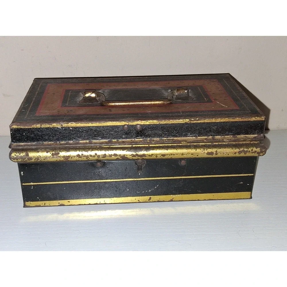 Vintage Antique English Made Tin Document Box Cash Box Black Gold Tole Style